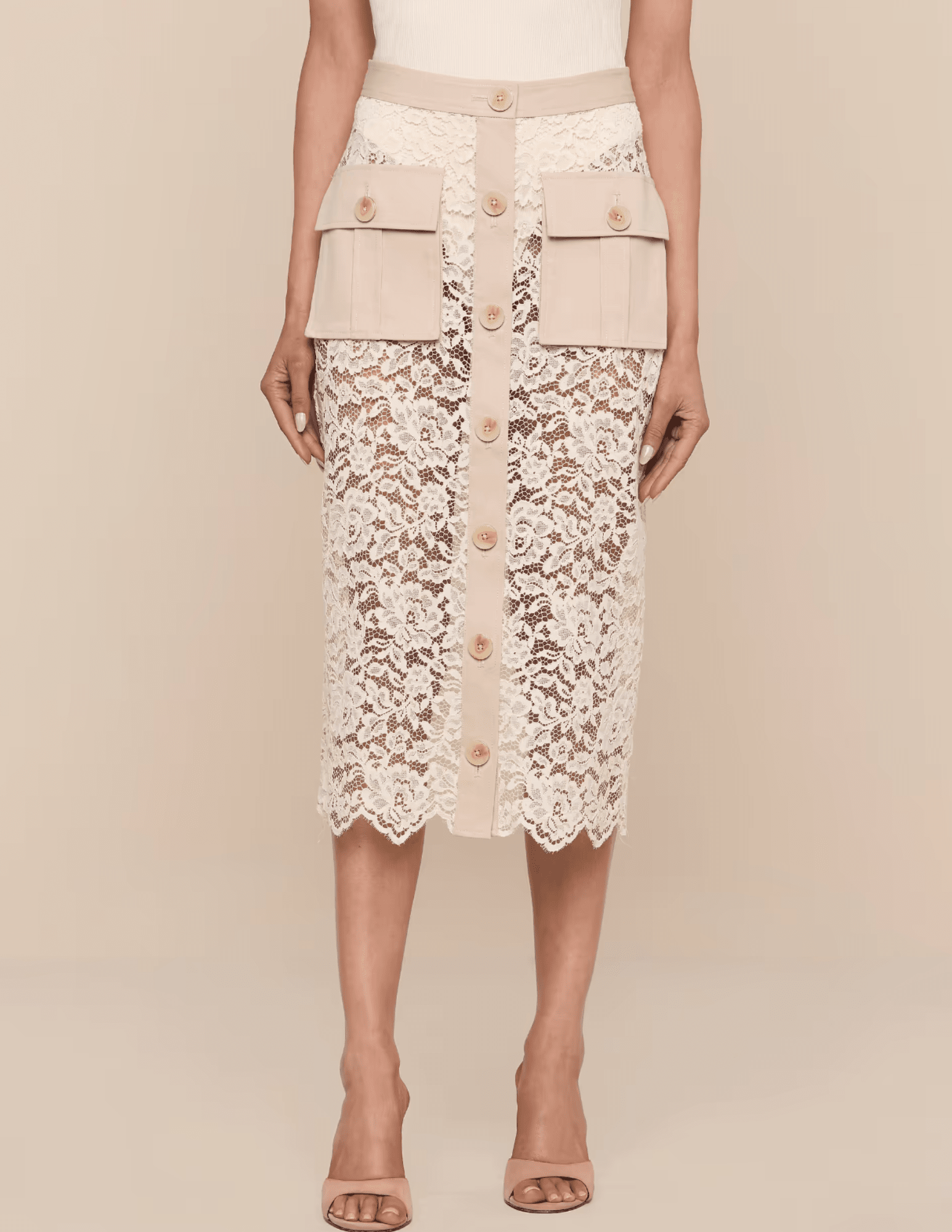 L’AGENCE Shae lace midi skirt biscuit ecru front view