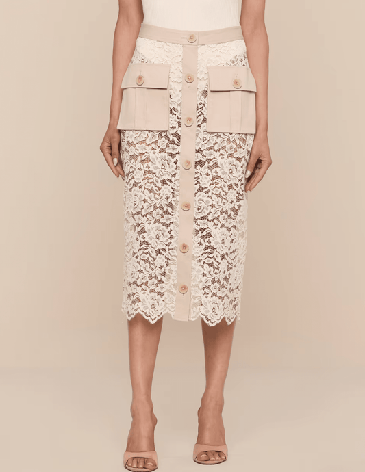 L’AGENCE Shae lace midi skirt biscuit ecru front view