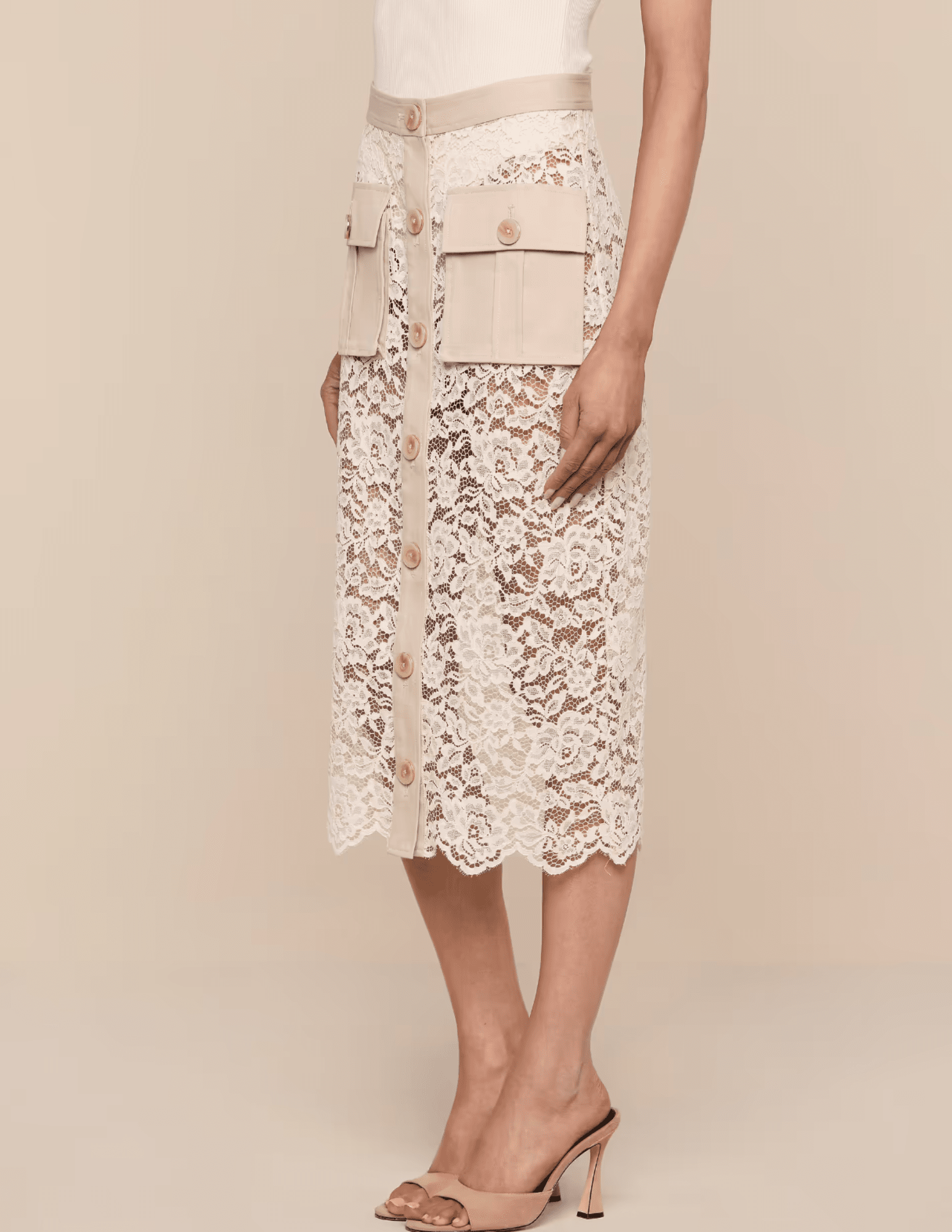 L’AGENCE Shae lace midi skirt biscuit ecru side view