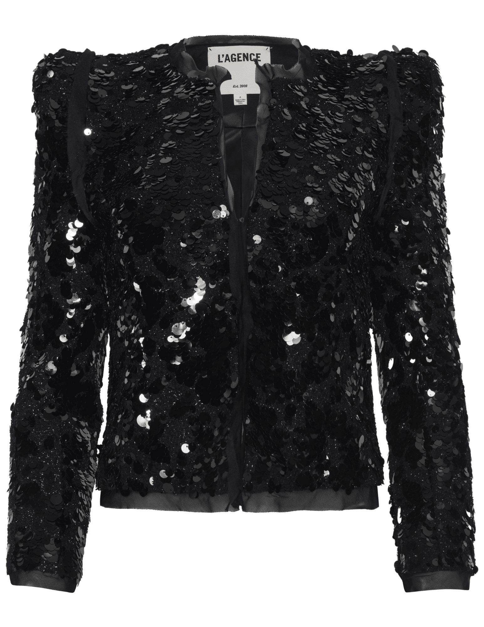 L’AGENCE Shai Sequin Pointed Shoulder Jacket in black, cropped silhouette with sequins