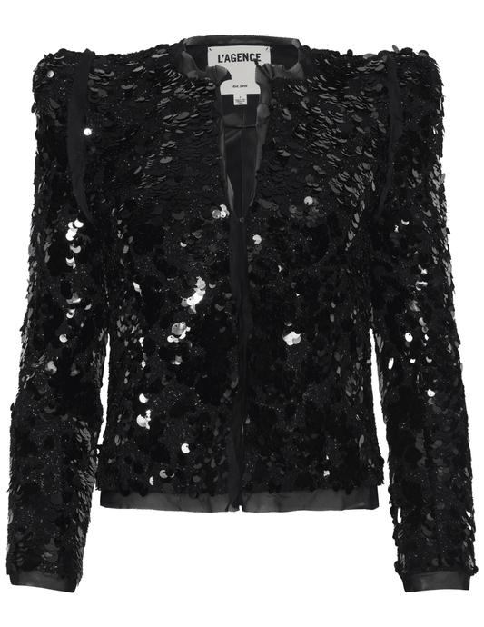 L’AGENCE Shai Sequin Pointed Shoulder Jacket in black, cropped silhouette with sequins