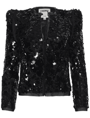 L’AGENCE Shai Sequin Pointed Shoulder Jacket in black, cropped silhouette with sequins