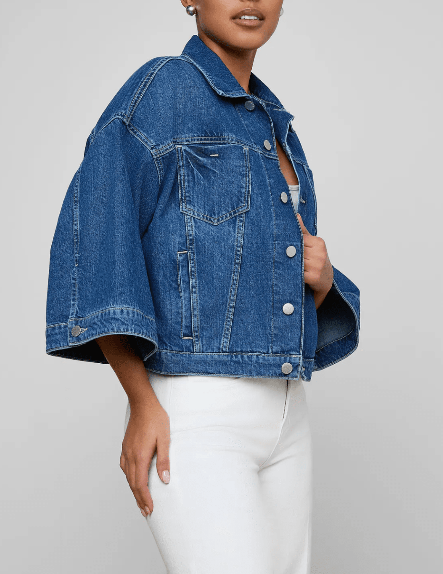 Side view of L'AGENCE Silas Cape Denim Jacket in Orwood