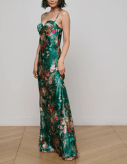 Side profile of L’AGENCE Sayla Silk Maxi Dress with adjustable straps