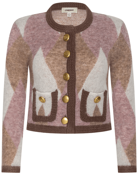 L’AGENCE Siobhan fuzzy cardigan in natural and mauve argyle with gold dome buttons