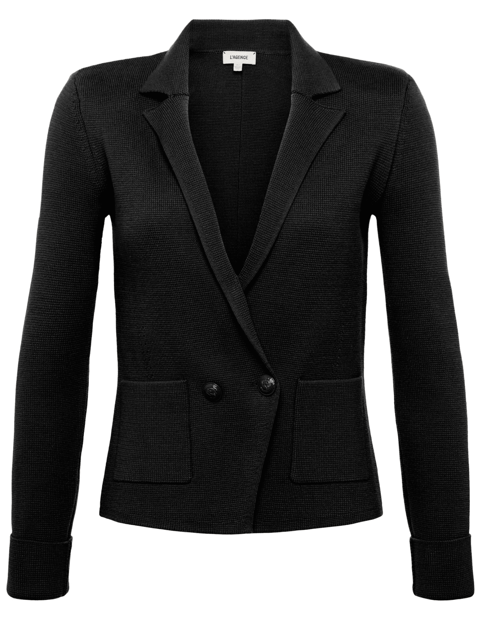 L’AGENCE Sofia Knit Blazer in black, double-breasted front view with peak lapels.