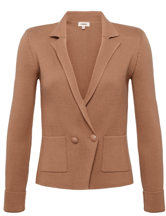 L’AGENCE Sofia Knit Blazer in ginger snap, double-breasted front view with peak lapels.