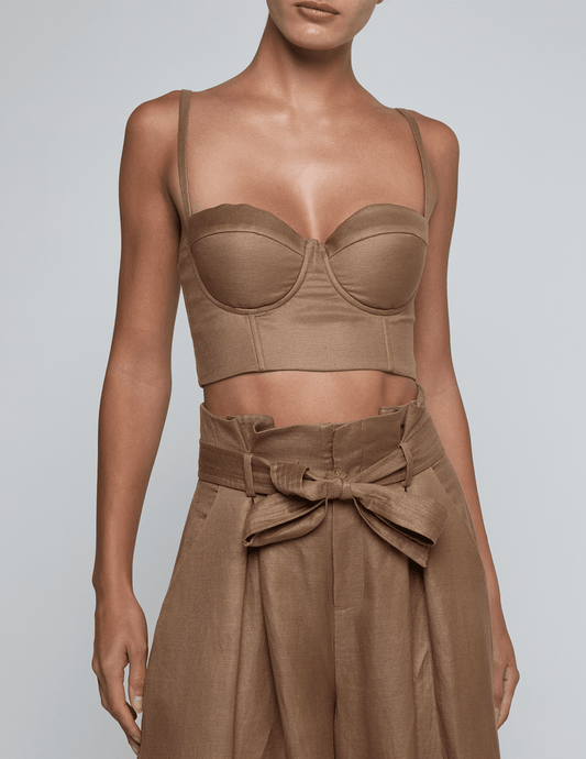 L’AGENCE Sonya linen bustier top barley front view