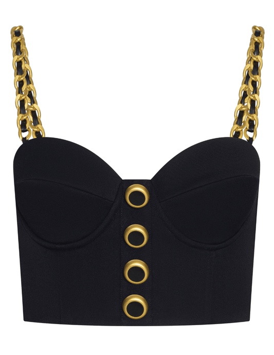L’AGENCE Sophia chain bralette in black with gold hardware