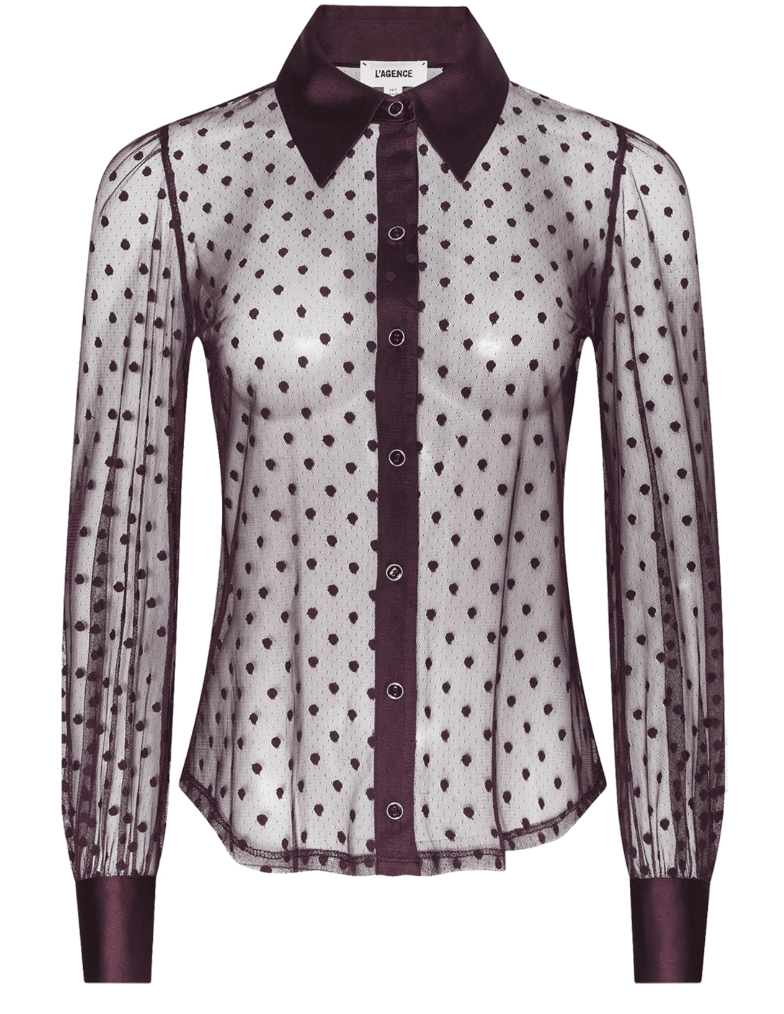 L'AGENCE Sophie Swiss Dot Blouse in Deep Port featuring sheer dotted fabric, structured collar and button-front closure.