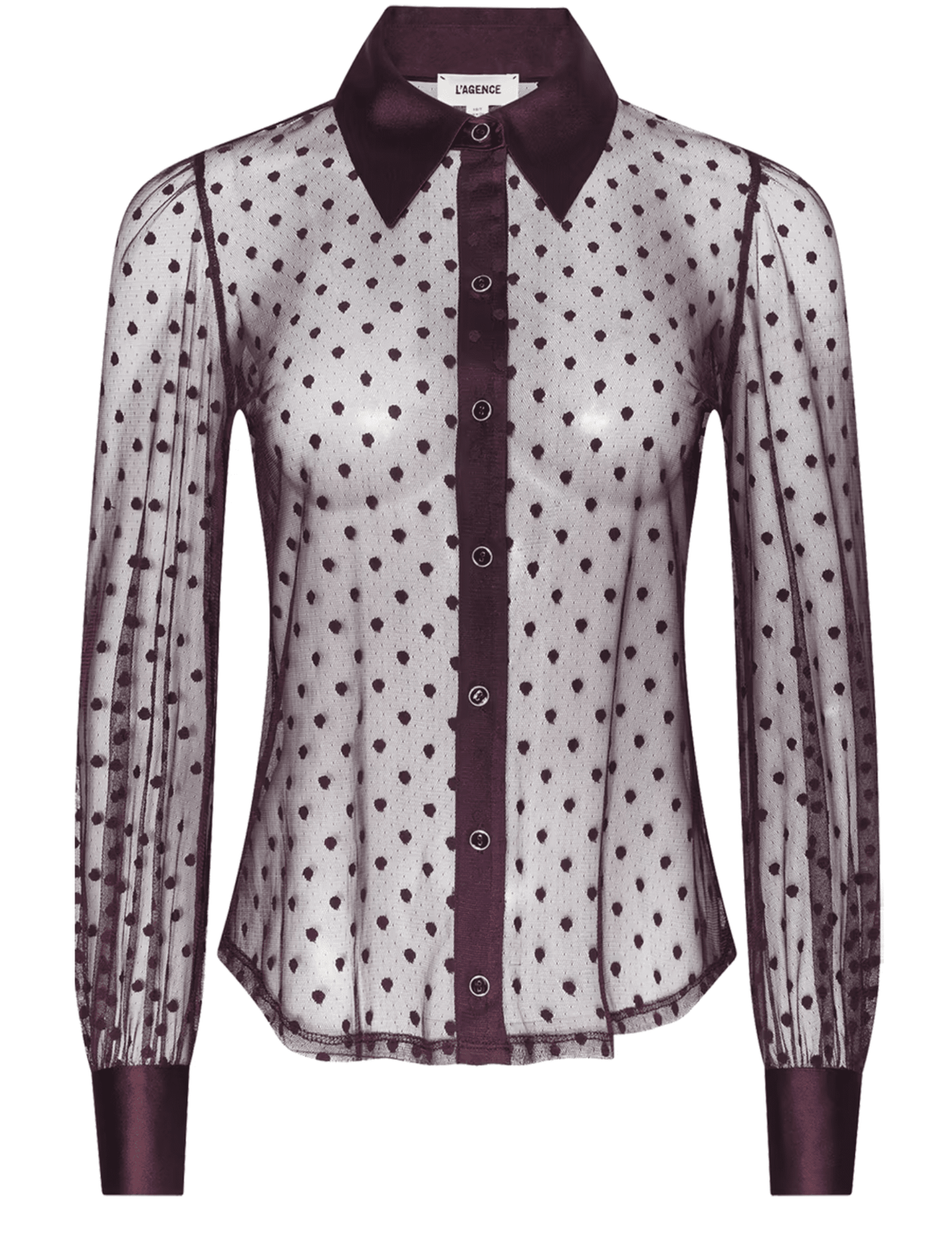 L'AGENCE Sophie Swiss Dot Blouse in Deep Port featuring sheer dotted fabric, structured collar and button-front closure.