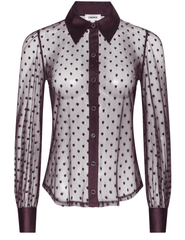 L'AGENCE Sophie Swiss Dot Blouse in Deep Port featuring sheer dotted fabric, structured collar and button-front closure.