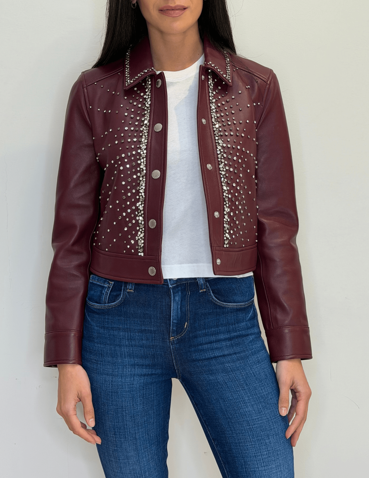 Front view of L’AGENCE Sorrel Embellished Leather Jacket Deep Port |