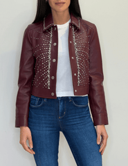 Front view of L’AGENCE Sorrel Embellished Leather Jacket Deep Port |