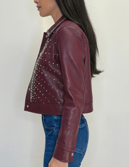 Side view of L’AGENCE Sorrel Embellished Leather Jacket Deep Port |