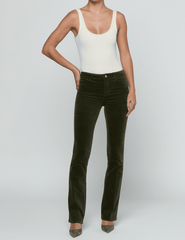 Full-length view of model wearing L'AGENCE Stevie Velvet Jean in Army.