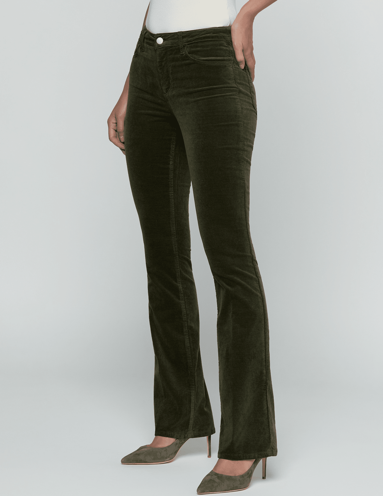 Side view of L'AGENCE Stevie Velvet Jean in Army on model.