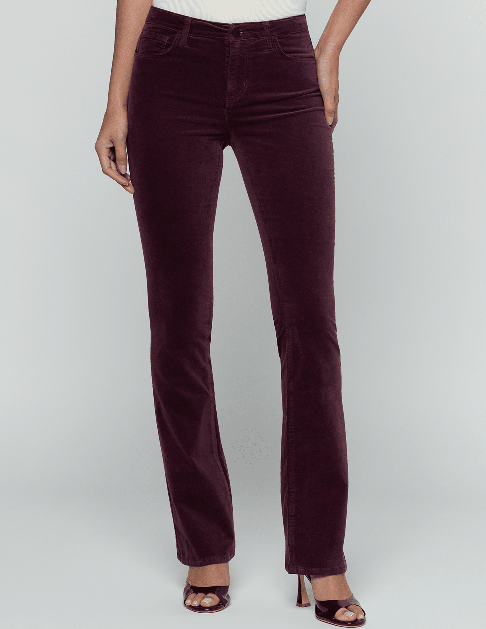 Front view of L'AGENCE Stevie Velvet Jean in Deep Sangria on model.