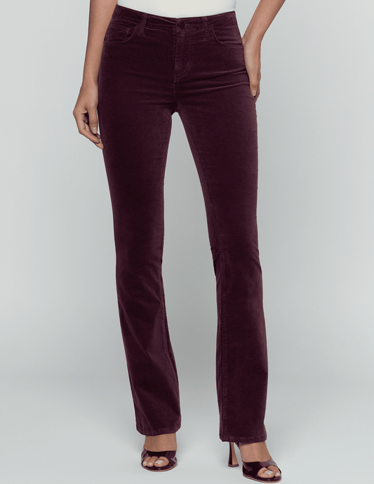 Front view of L'AGENCE Stevie Velvet Jean in Deep Sangria on model.