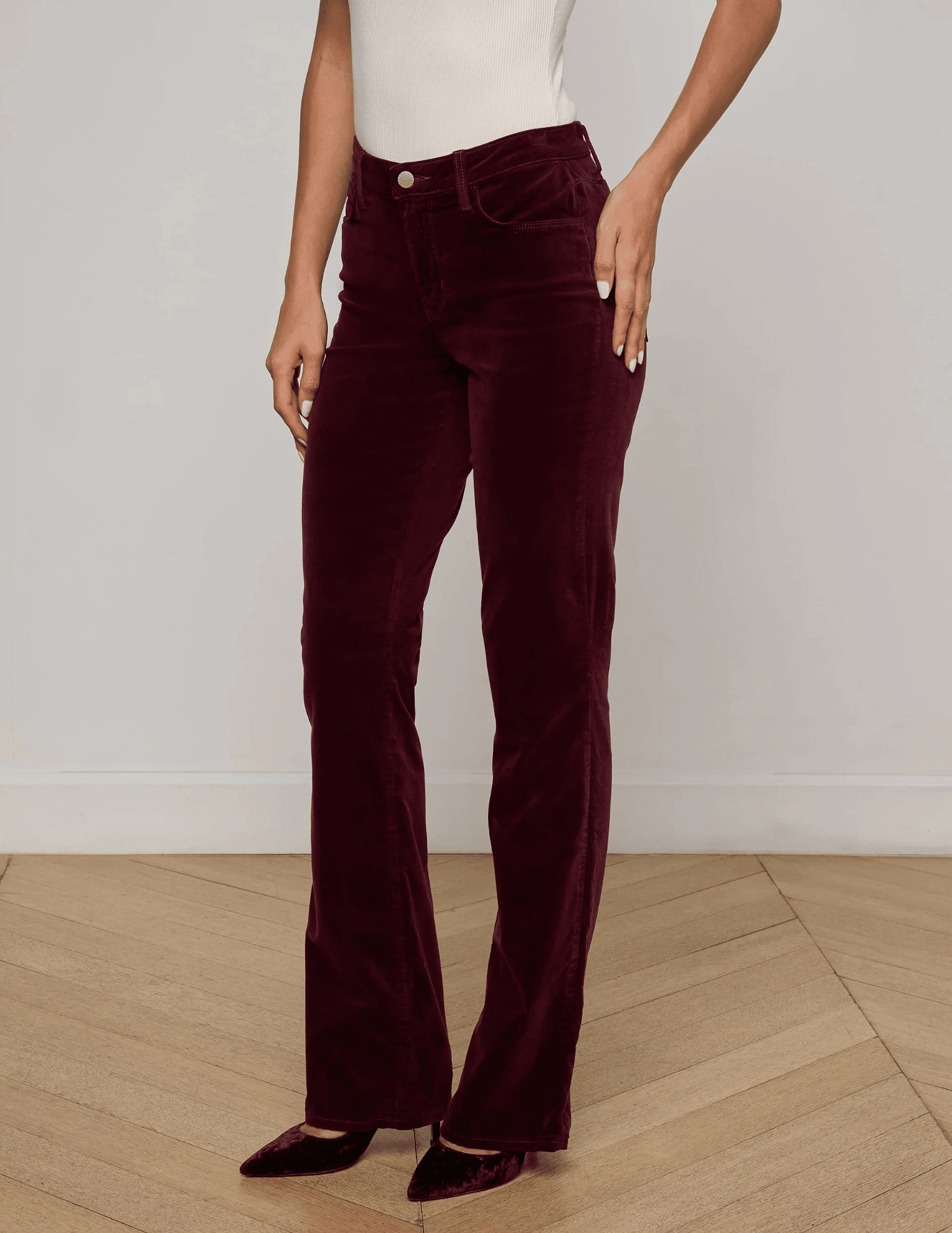 L’AGENCE Stevie Velvet Jeans in Deep Port Burgundy side view
