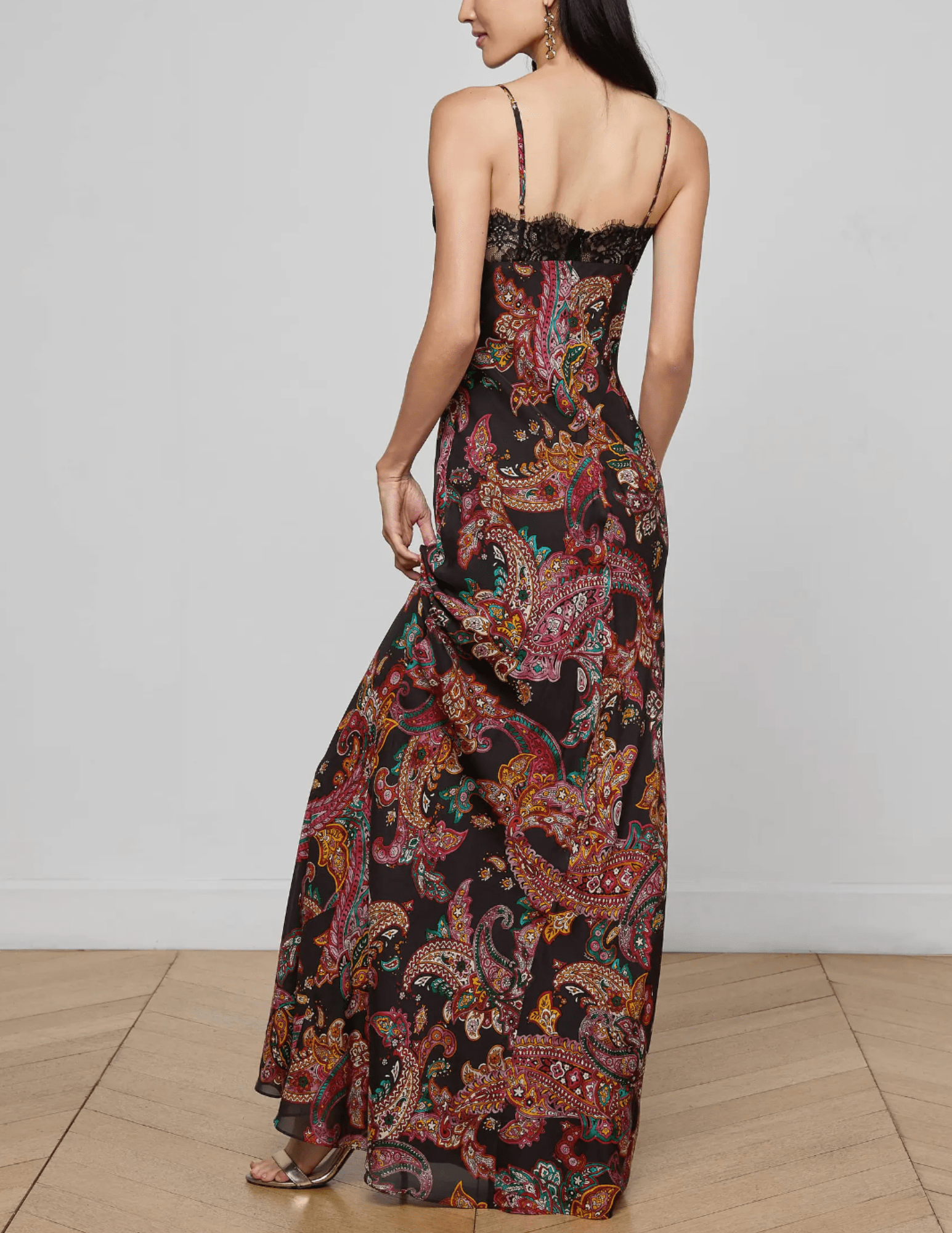 L’AGENCE Susanna Silk Lace Bust Maxi Dress in Black Multi Paisley Scroll – back view.”