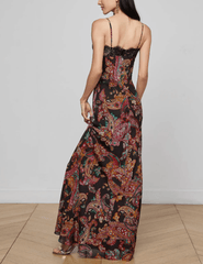 L’AGENCE Susanna Silk Lace Bust Maxi Dress in Black Multi Paisley Scroll – back view.”