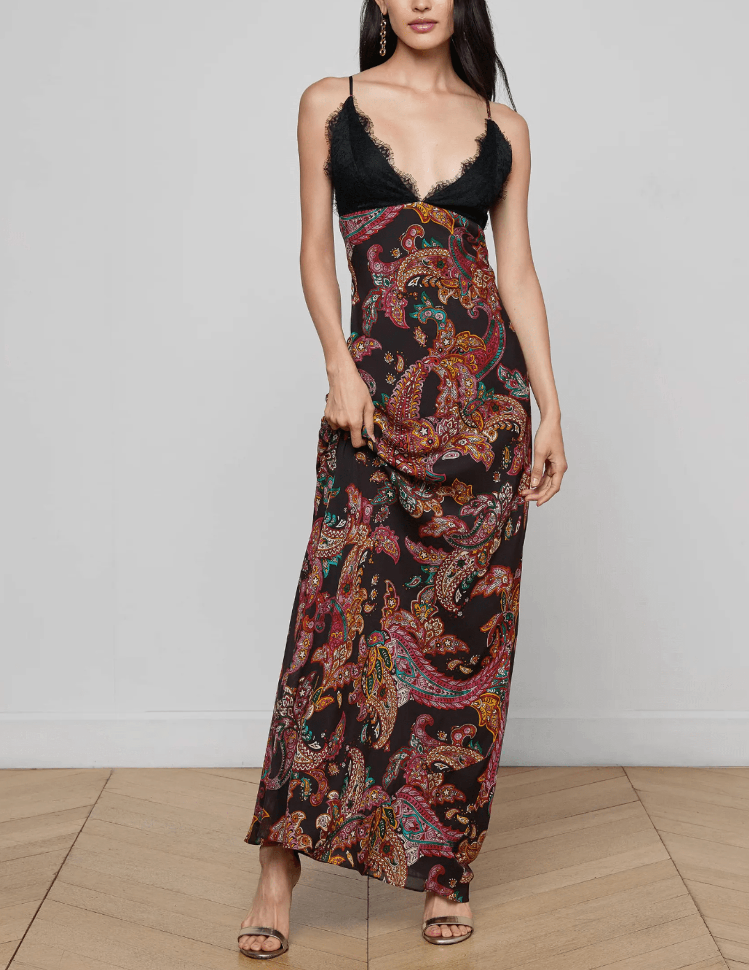 L’AGENCE Susanna Silk Lace Bust Maxi Dress in Black Multi Paisley Scroll – front view.”