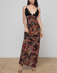 L’AGENCE Susanna Silk Lace Bust Maxi Dress in Black Multi Paisley Scroll – front view.”