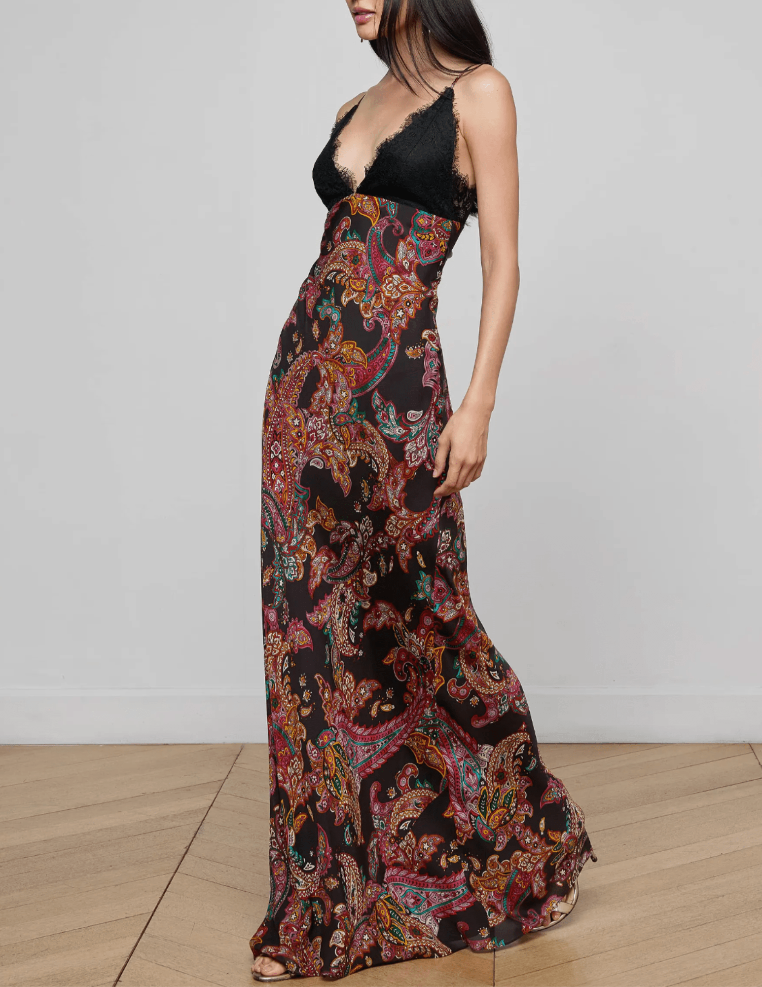 L’AGENCE Susanna Silk Lace Bust Maxi Dress in Black Multi Paisley Scroll – side view.”