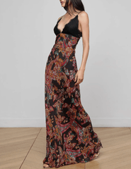 L’AGENCE Susanna Silk Lace Bust Maxi Dress in Black Multi Paisley Scroll – side view.”