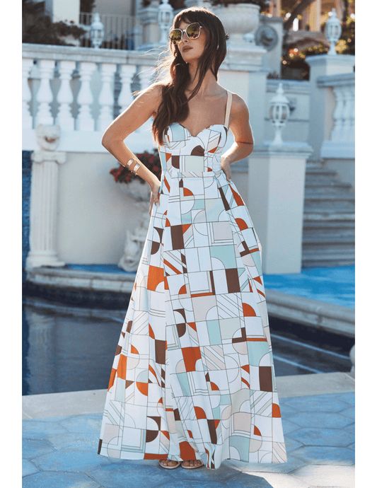 LAGENCE Sutton beaded strap maxi dress in multi abstract geo editorial