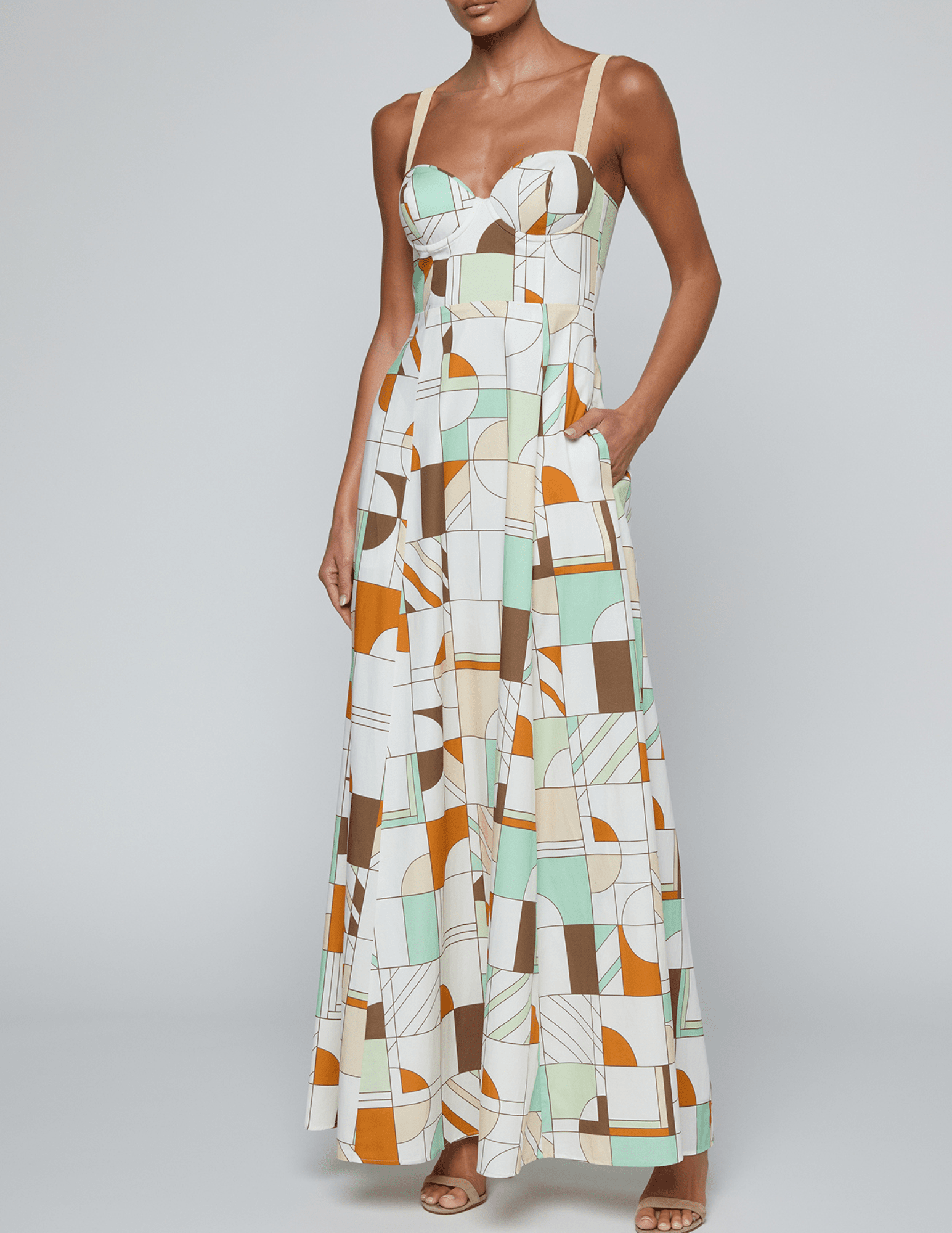 LAGENCE Sutton beaded strap maxi dress in multi abstract geo front view