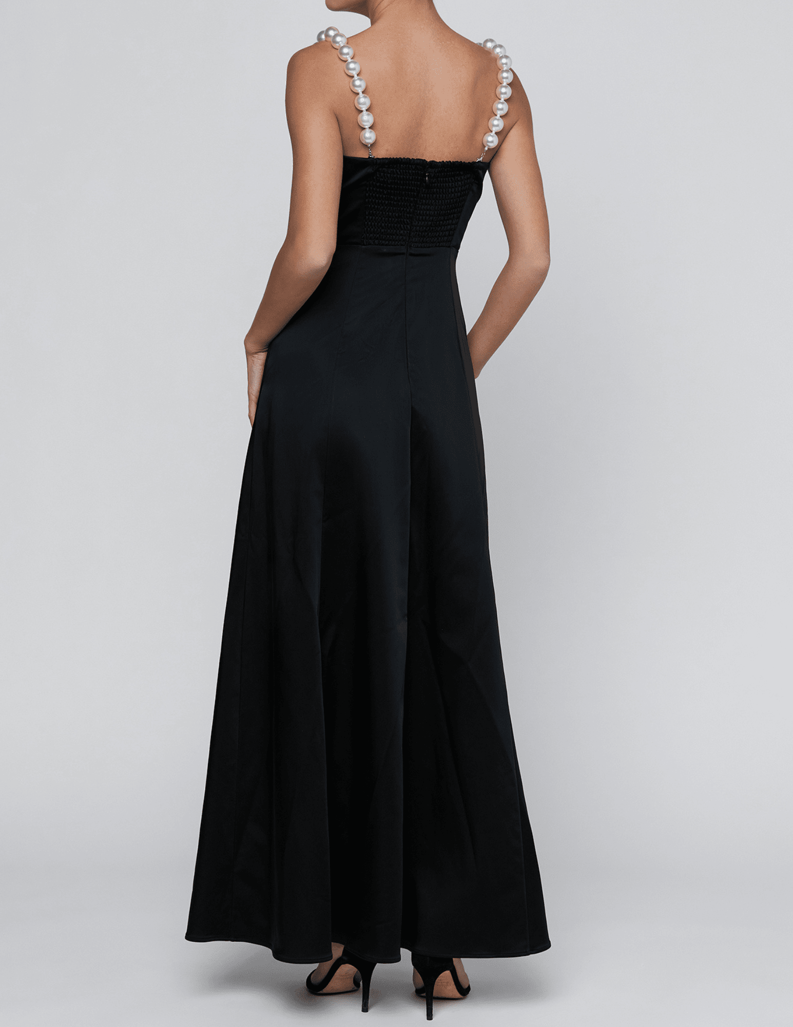 Back view of L'AGENCE Sutton Pearl Strap Maxi Dress Black
