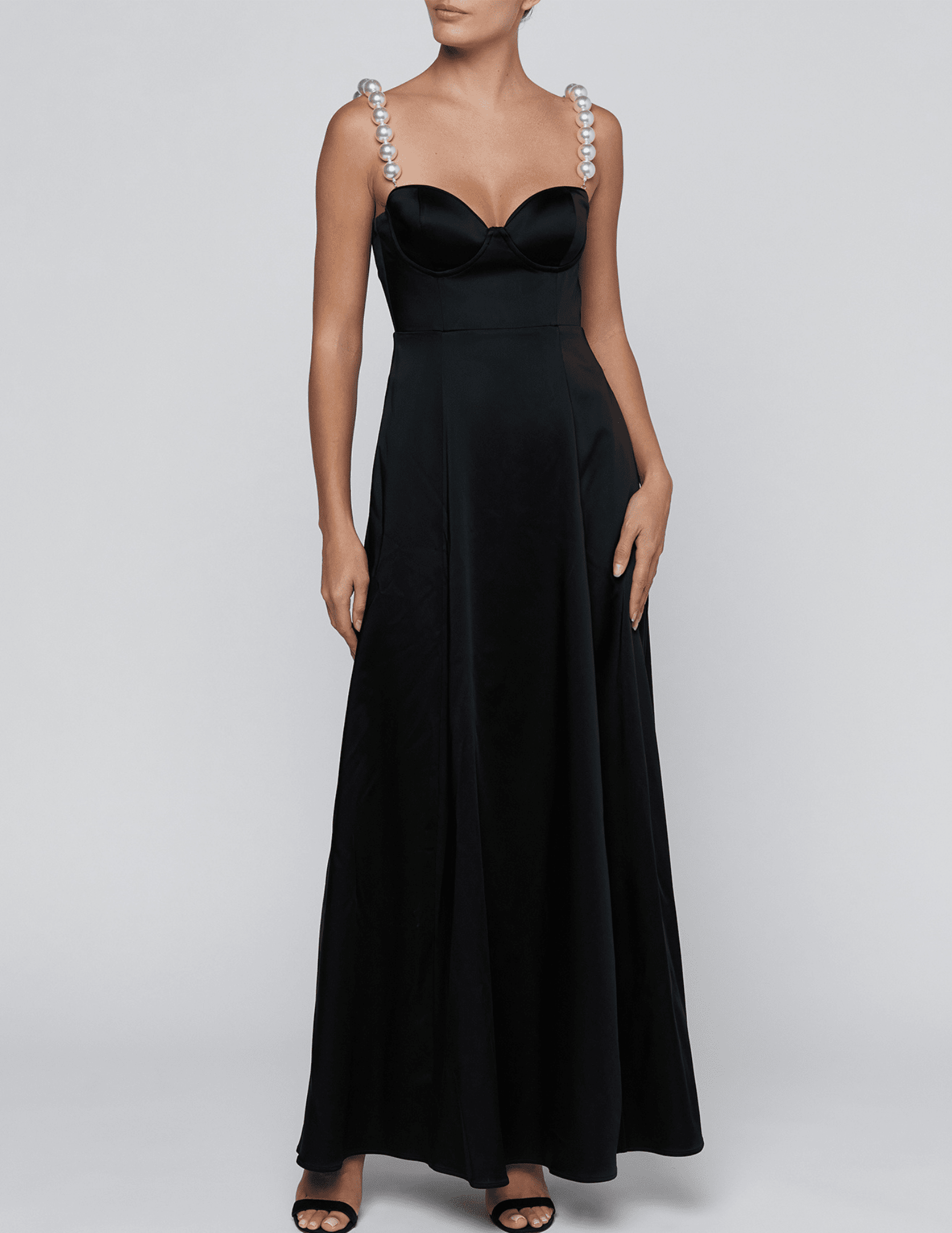 Front view of L'AGENCE Sutton Pearl Strap Maxi Dress Black