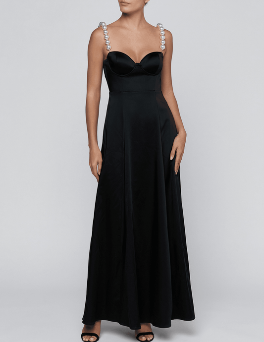 Front view of L'AGENCE Sutton Pearl Strap Maxi Dress Black
