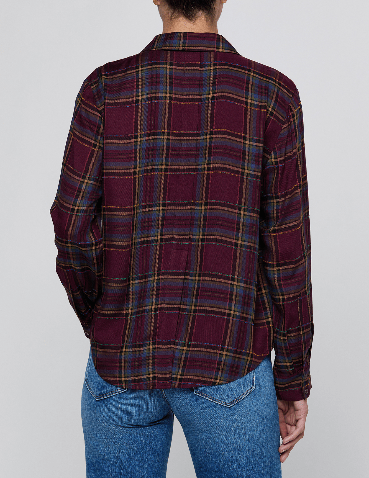 Back view of L'AGENCE Suzette Hi-Low Shirt in Dark Plum Multi Plaid