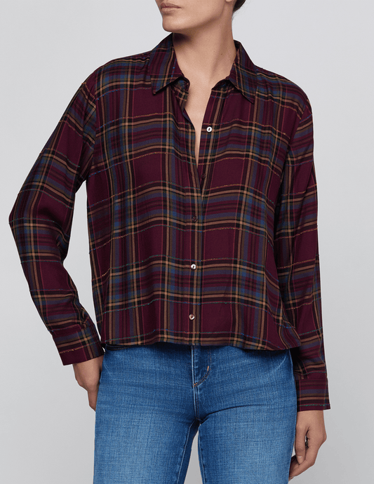 Front view of L'AGENCE Suzette Hi-Low Shirt in Dark Plum Multi Plaid