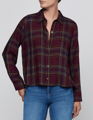 Front view of L'AGENCE Suzette Hi-Low Shirt in Dark Plum Multi Plaid