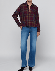 L'AGENCE Suzette Hi-Low Shirt in Dark Plum Multi Plaid full body