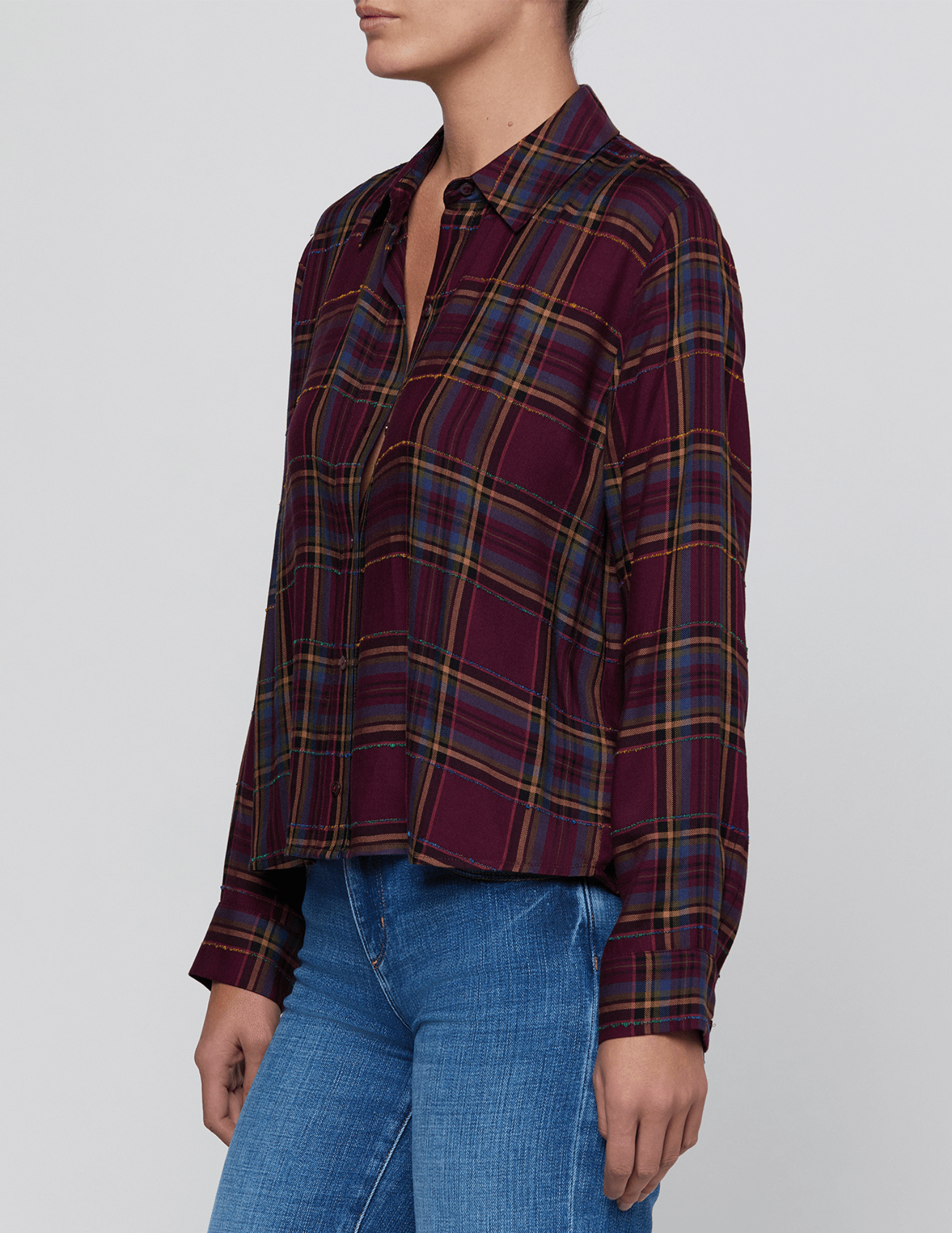 Side view of L'AGENCE Suzette Hi-Low Shirt in Dark Plum Multi Plaid