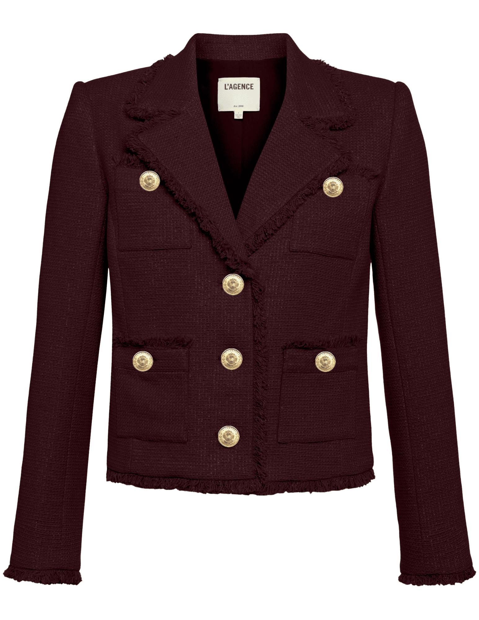 L’AGENCE Sylvia Collared Fringe Hem Jacket in Malbec Gold with gold dome buttons