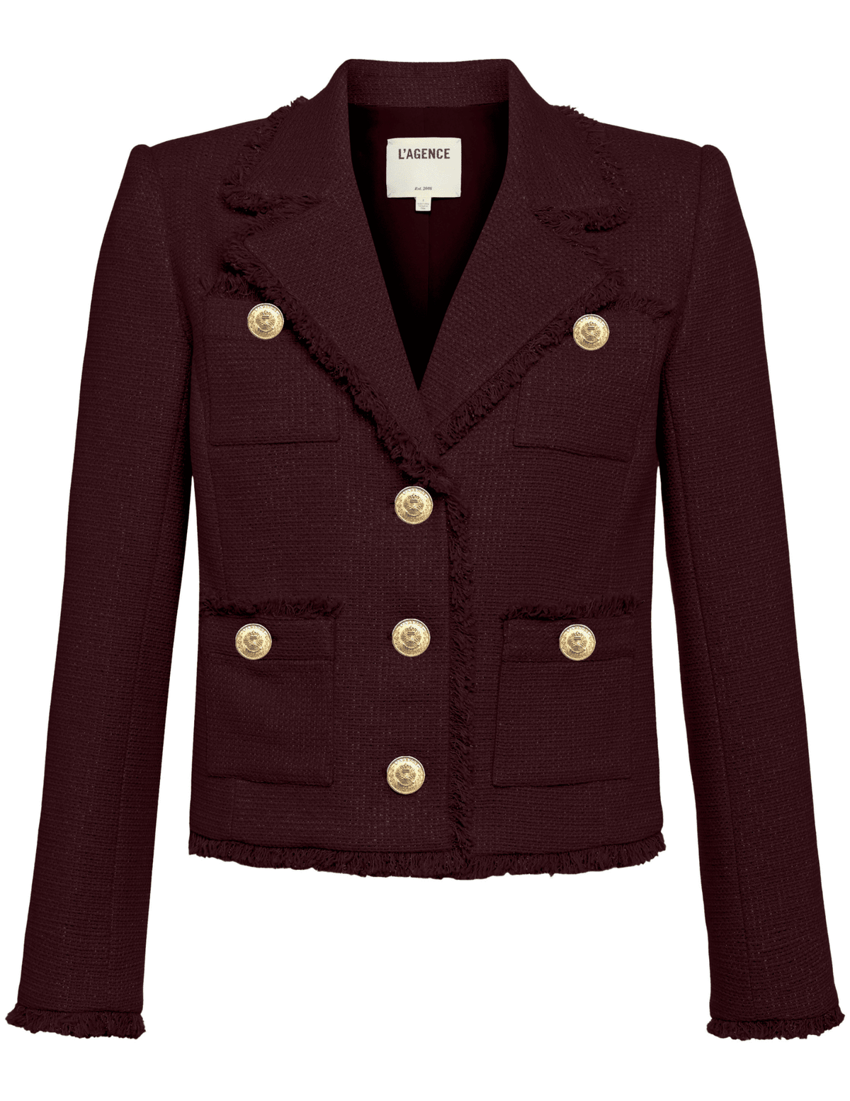 L’AGENCE Sylvia Collared Fringe Hem Jacket in Malbec Gold with gold dome buttons