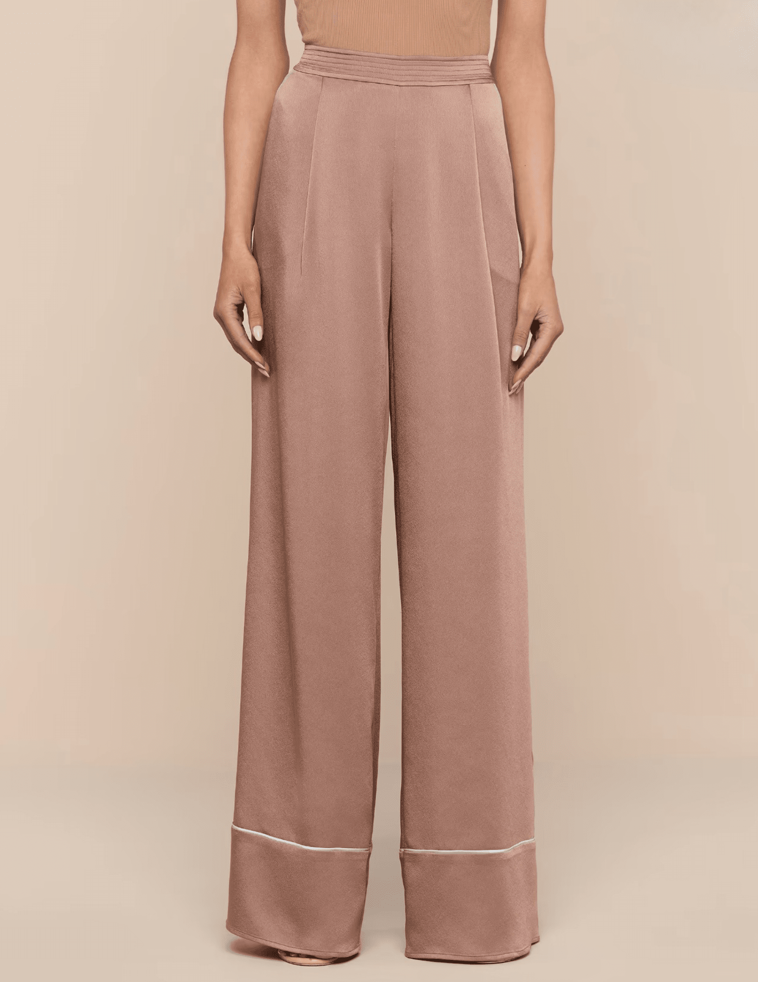 L’Agence Tavia satin trouser in mocha tan wide leg front view