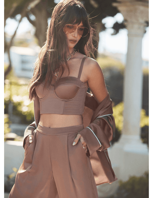 L’Agence Tavia satin trouser in mocha tan wide leg on model