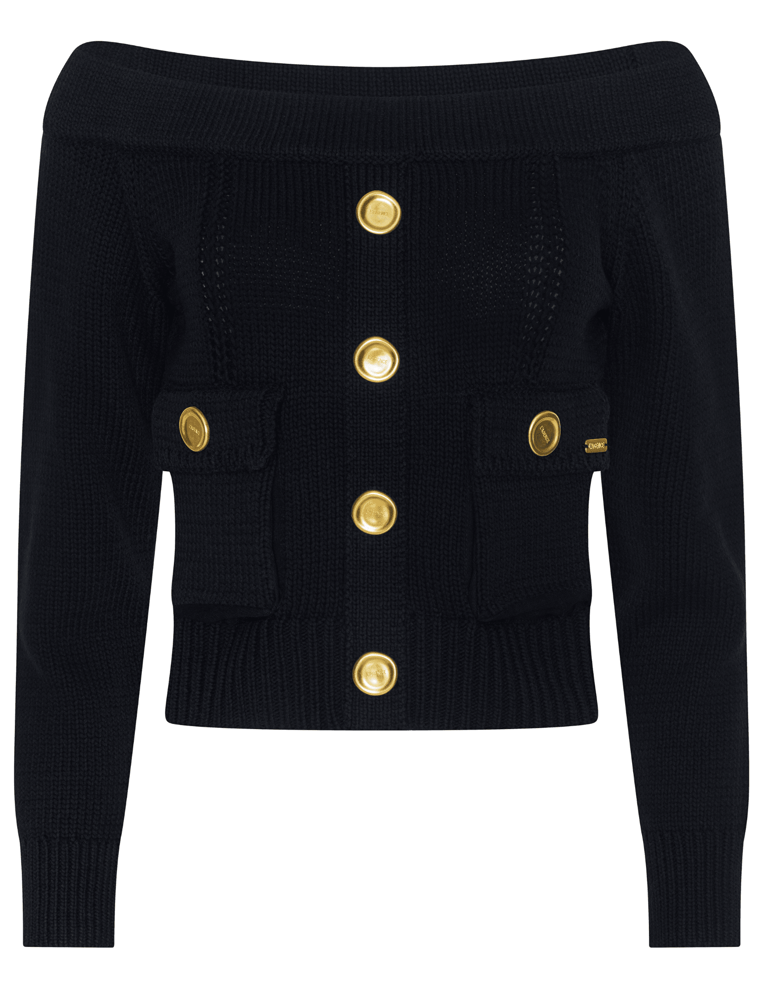 L’AGENCE Teri Off-Shoulder Cargo Sweater in black knit with cargo details.