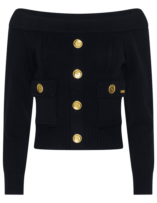 L’AGENCE Teri Off-Shoulder Cargo Sweater in black knit with cargo details.