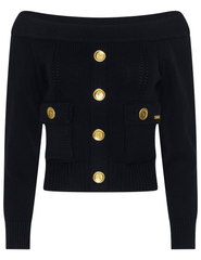 L’AGENCE Teri Off-Shoulder Cargo Sweater in black knit with cargo details.
