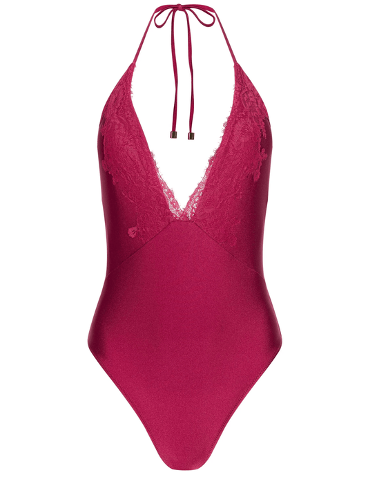 L’AGENCE Terra Shimmer Plunge One Piece Swimsuit in Black Cherry