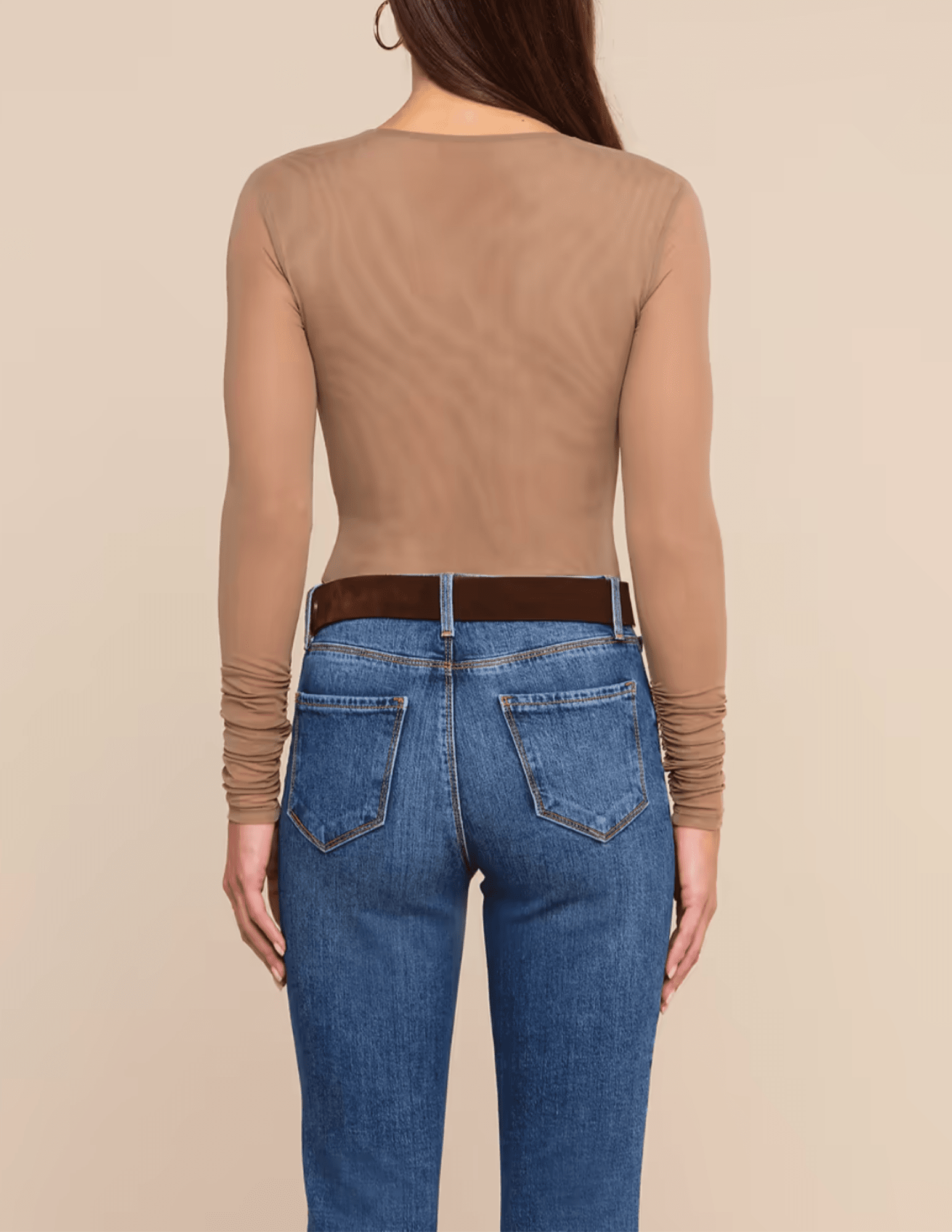 Back view of L'AGENCE Thalassa Long Sleeve Mesh Bodysuit Cardamom