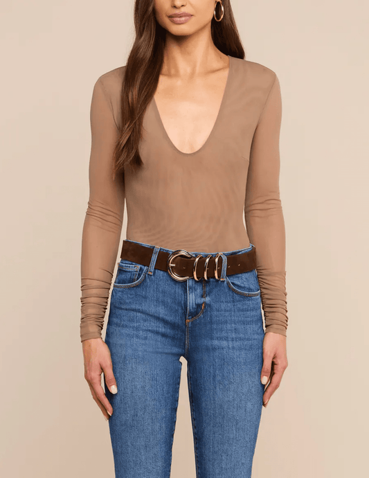 Front view of L'AGENCE Thalassa Long Sleeve Mesh Bodysuit Cardamom